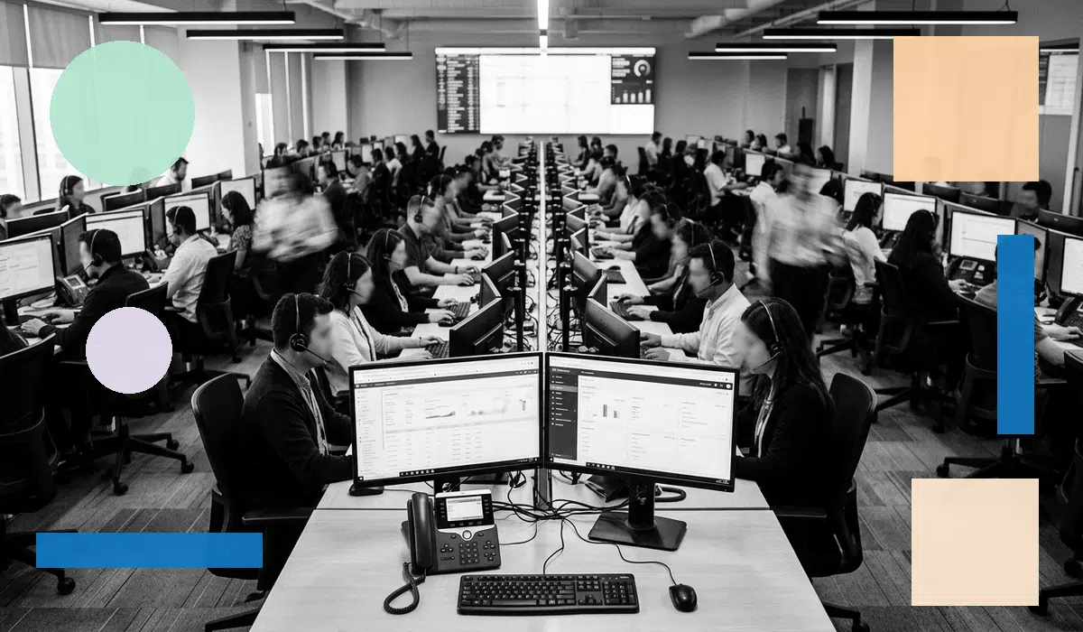 Black-and-white photo of a busy call center floor with agents at dual-monitor workstations and headsets, overlaid with abstract geometric brand shapes.