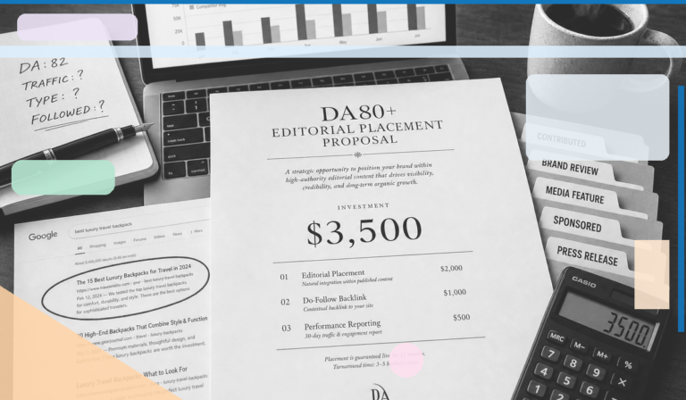 Editorial placement proposal showing a $3,500 DA80+ quote alongside evaluation tools — a checklist of DA, traffic, type, and follow status, the five placement type tabs, and Google search results — illustrating how to assess editorial placement cost before signing.