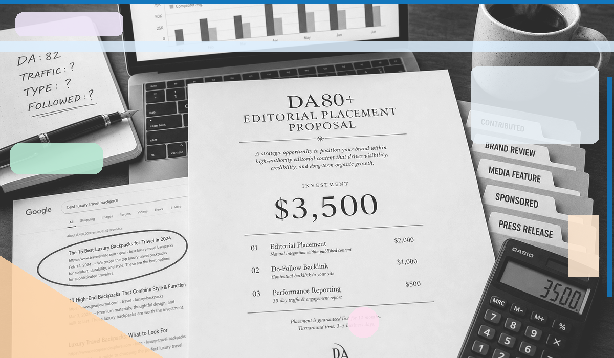 Editorial placement proposal showing a $3,500 DA80+ quote alongside evaluation tools — a checklist of DA, traffic, type, and follow status, the five placement type tabs, and Google search results — illustrating how to assess editorial placement cost before signing.