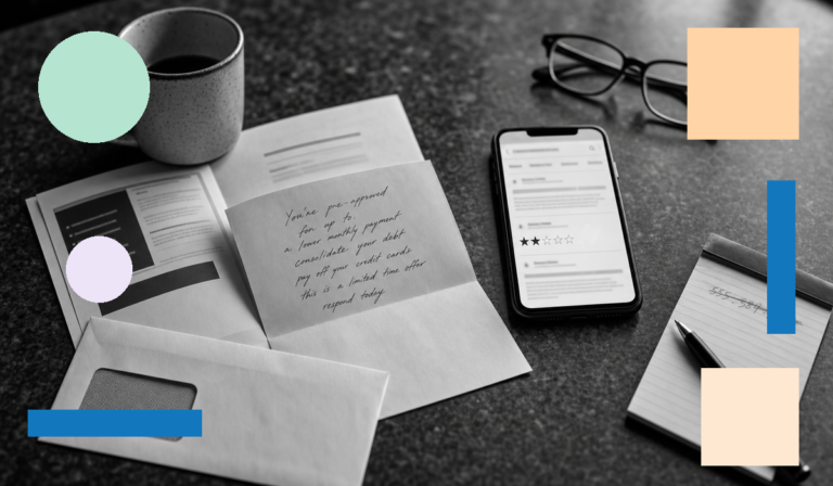 A direct mail piece on a desk next to a smartphone displaying a 2-star review rating, illustrating how a weak brand reputation search result stops prospects from responding to financial services mailers.
