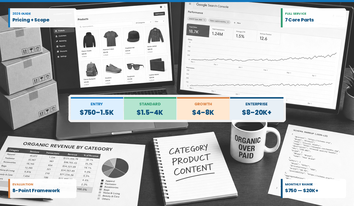 Ecommerce SEO services pricing and scope tiers for 2026, showing entry, standard, growth, and enterprise monthly ranges. Highlights core deliverables like technical SEO, category/product optimization, and revenue attribution reporting.