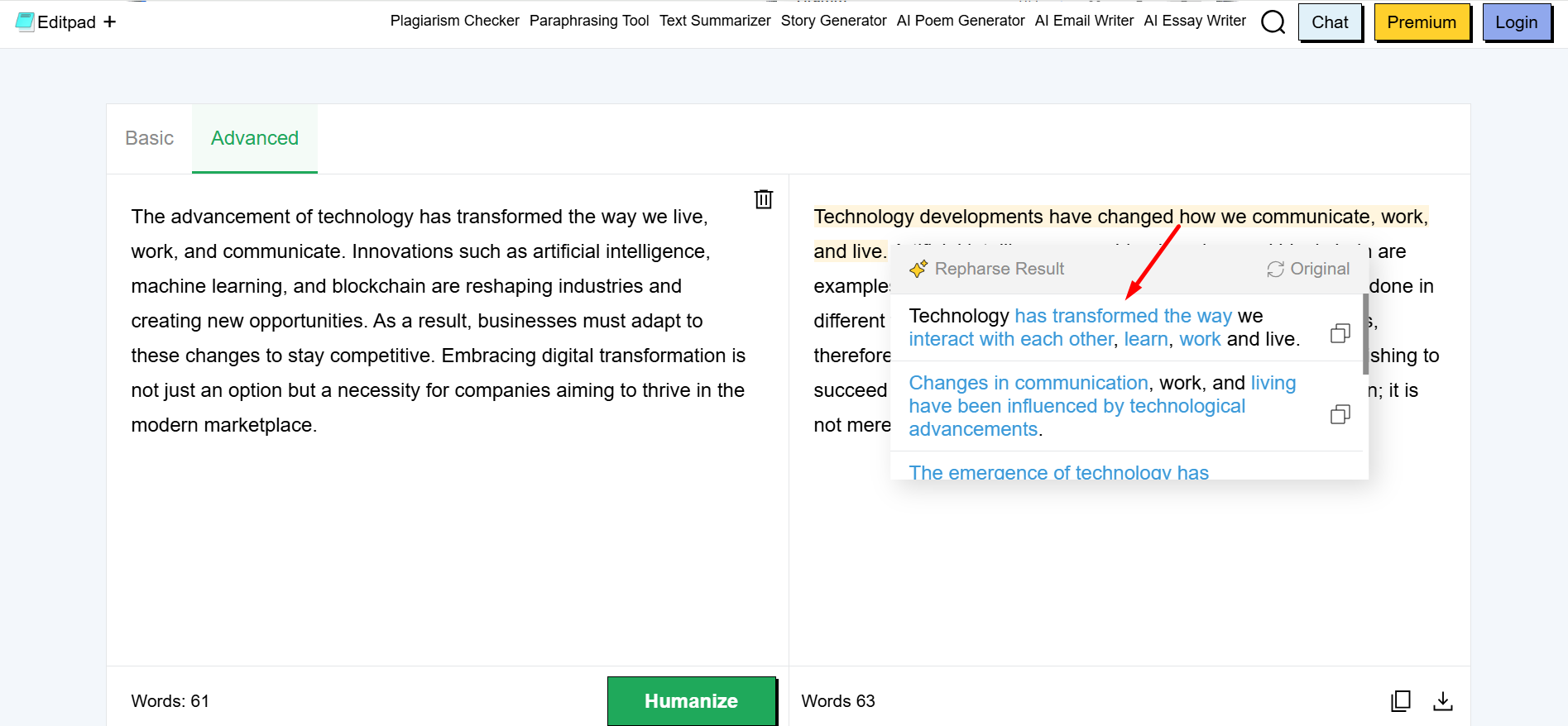 A screenshot of the Editpad web interface showing a paraphrasing tool in action. The screen is split into two columns: the left side contains the original text about technological advancement and digital transformation, while the right side shows a "Humanized" or rephrased version. A pop-up menu titled "Rephrase Result" is visible, offering multiple alternative sentence structures for the highlighted text. A red arrow points to one of these suggestions, which reads, "Technology has transformed the way we interact with each other, learn, work and live." The top navigation bar includes options for a Plagiarism Checker, Text Summarizer, and AI Essay Writer.