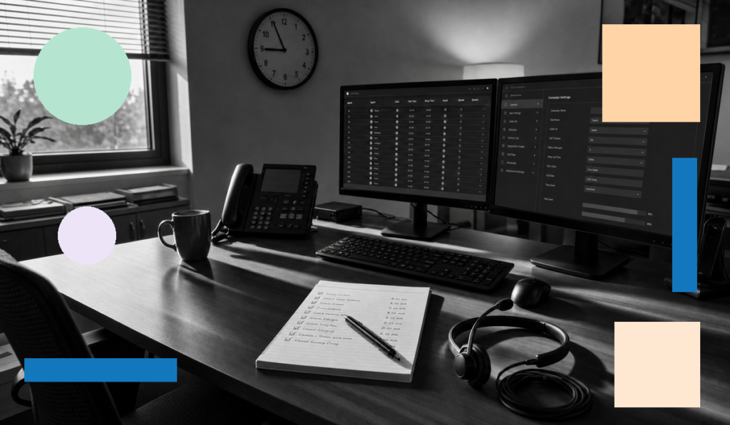 A call center desk setup with dual monitors showing Five9 campaign settings, a headset, and a pre-launch checklist notebook — representing a Five9 configuration review before an outbound campaign launch.