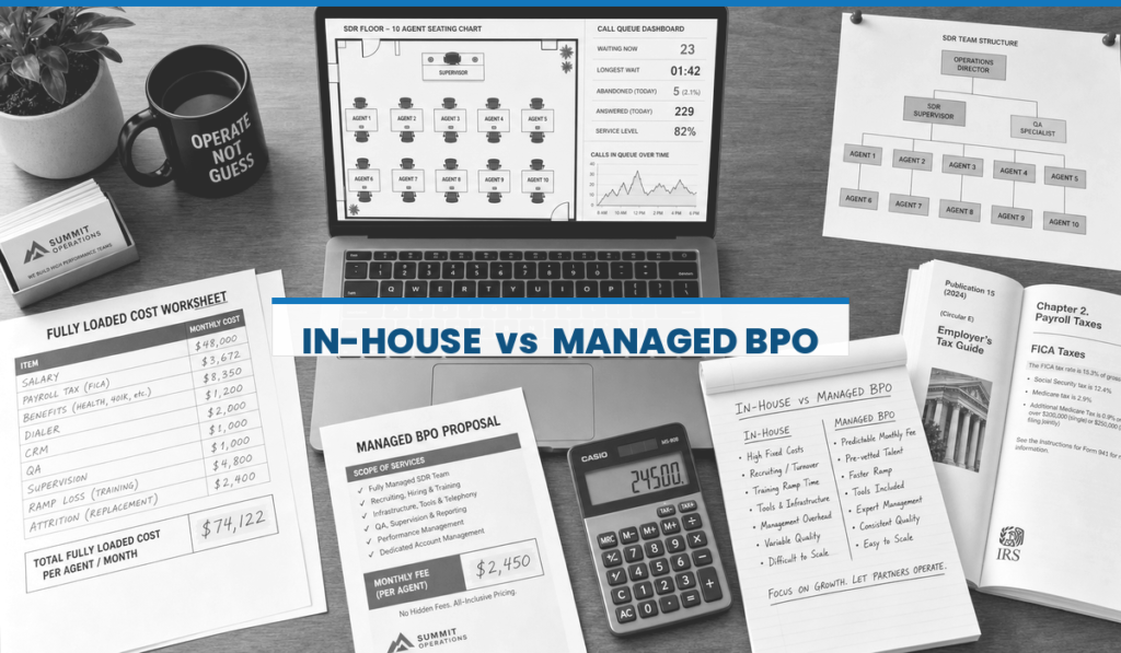 In-house SDR team vs outsourced BPO cost comparison worksheet showing fully-loaded expenses like payroll taxes, benefits, dialer tools, QA, ramp loss, and attrition. Visual supports a decision framework for 5–25+ agent outbound contact programs.