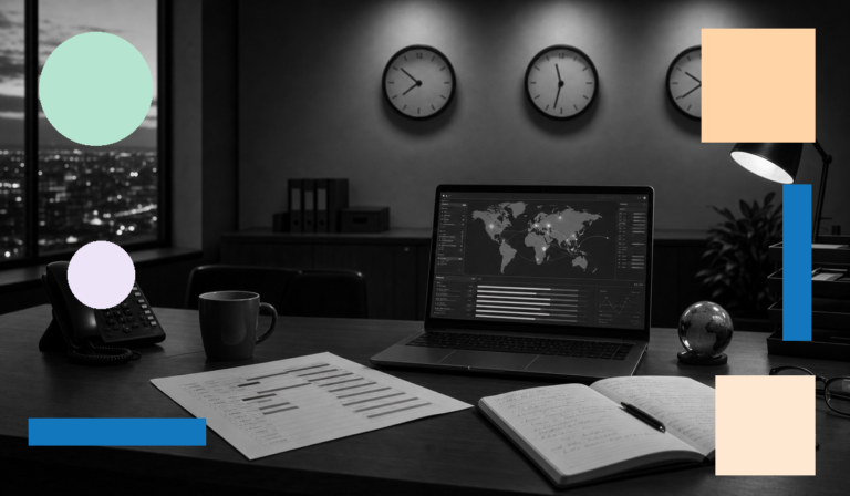 Operations manager's desk at night with three wall clocks showing different time zones, a laptop displaying a global operations map, and a phone — representing 24/7 multi-region BPO coverage across time zones.