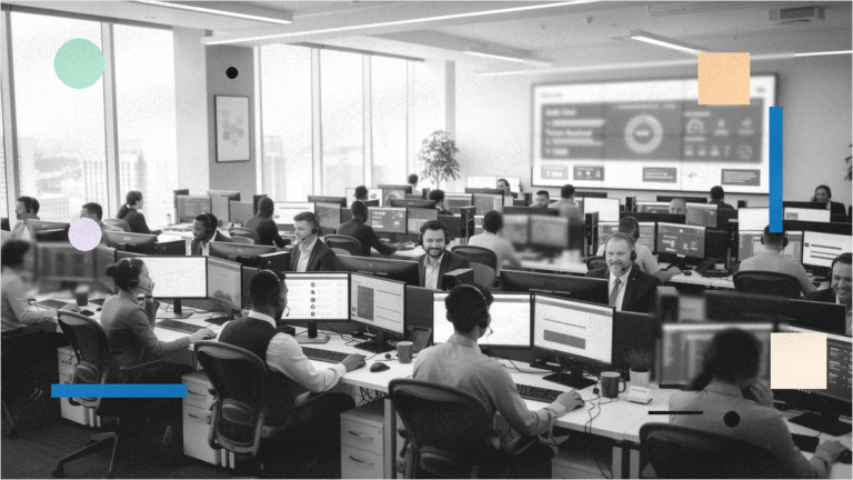 Outbound call center floor with agents at workstations wearing headsets and monitoring live dashboards