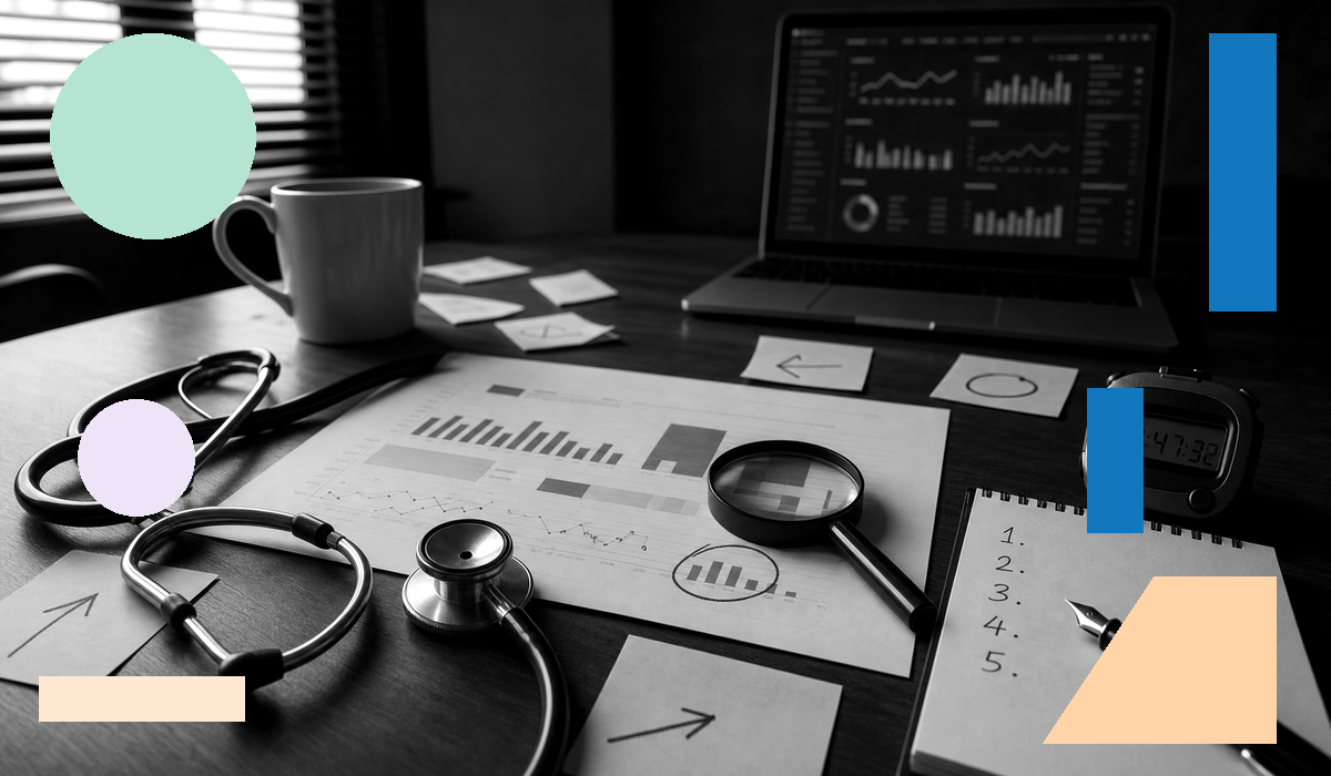 A stethoscope and magnifying glass rest on printed performance charts beside a laptop displaying campaign analytics, illustrating the diagnostic approach to fixing a failing outbound campaign.