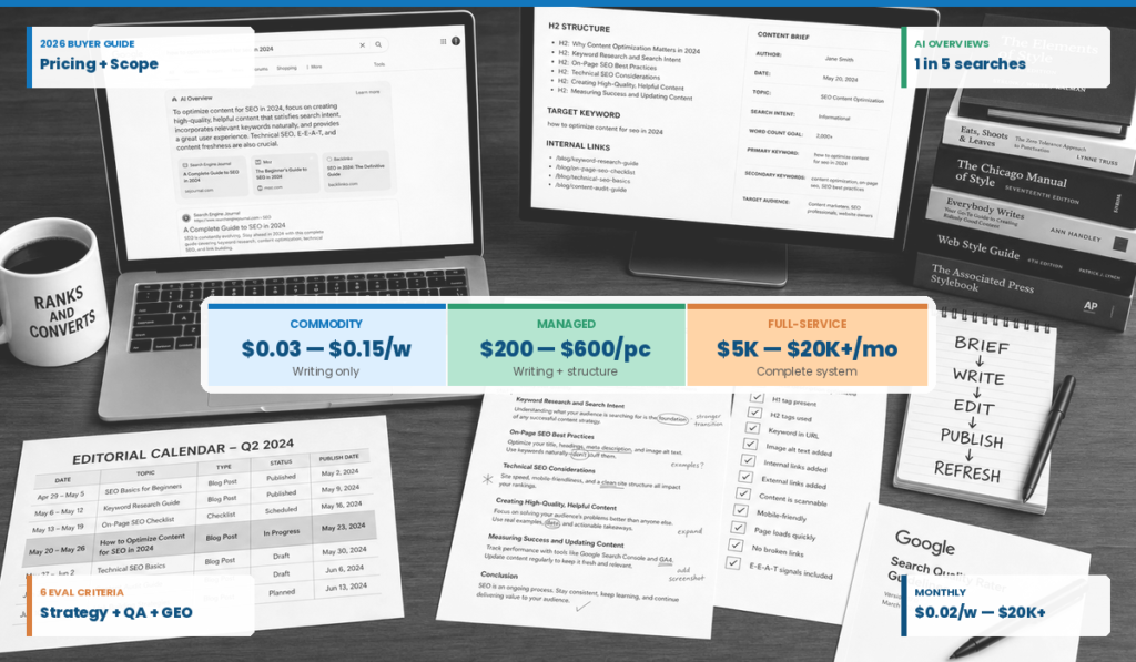 2026 buyer guide hero for SEO content writing services showing pricing tiers from $0.03/word commodity to $20K/month full-service, with editorial briefs, checklists, and the brief-to-refresh production workflow.