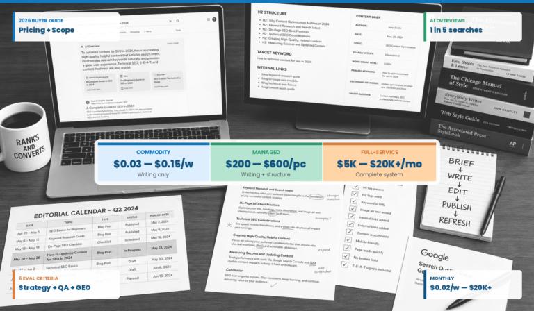 2026 buyer guide hero for SEO content writing services showing pricing tiers from $0.03/word commodity to $20K/month full-service, with editorial briefs, checklists, and the brief-to-refresh production workflow.