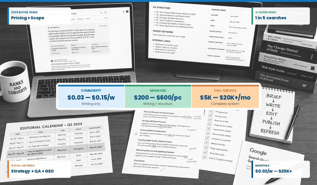 2026 buyer guide hero for SEO content writing services showing pricing tiers from $0.03/word commodity to $20K/month full-service, with editorial briefs, checklists, and the brief-to-refresh production workflow.