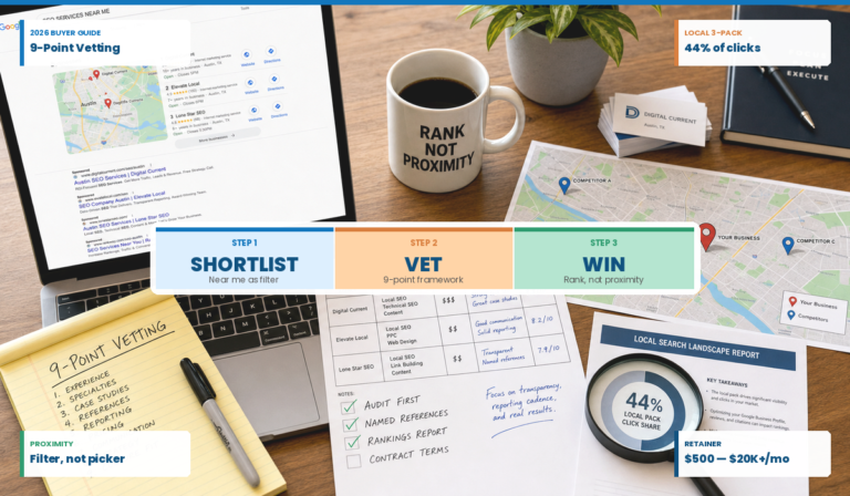 “SEO services near me” buyer guide showing the 9-point vetting framework to shortlist, vet, and choose an SEO agency based on rankings—not proximity. Highlights local 3-pack click share, contract protections, and realistic SEO retainer ranges.