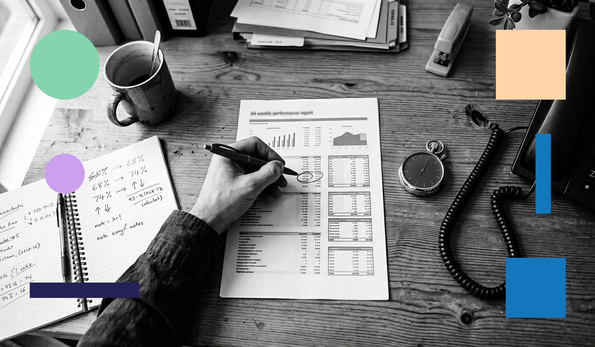 A BPO performance analyst reviews weekly vendor metrics including transfer-set rate and show rate on a printed report at their desk, with handwritten calculations comparing conversion benchmarks.