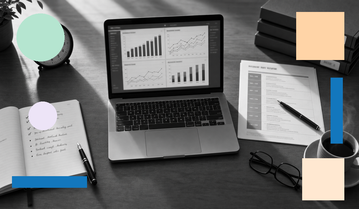A BPO operations manager reviews weekly campaign performance dashboards on a laptop, with printed reports and notes on the desk — representing the structured weekly BPO ops review process.