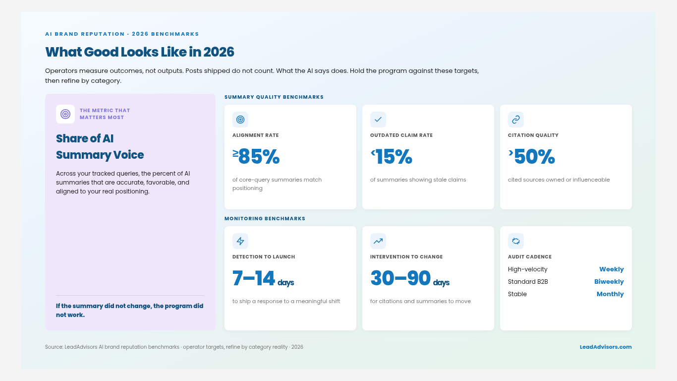 AI brand reputation benchmarks for 2026 showing alignment rate, outdated claim rate, citation quality, and monitoring targets