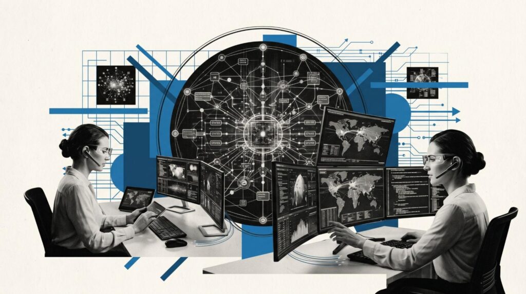 Call center operators monitoring performance dashboards and workflow systems to improve conversions and efficiency