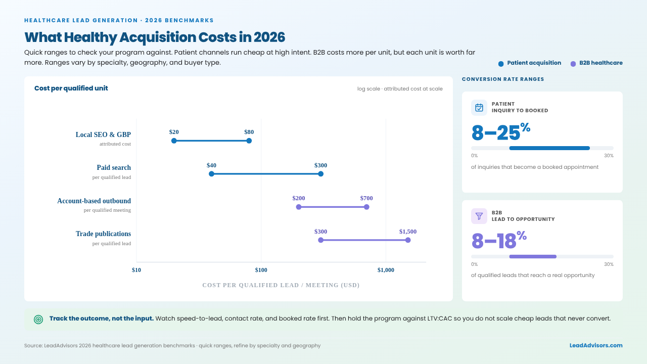 Healthcare acquisition cost benchmarks for 2026 across local SEO, paid search, ABM outbound, and trade publications