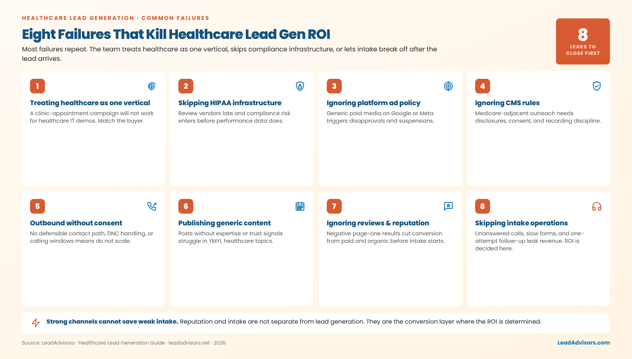 Eight failures that kill healthcare lead gen ROI, including skipping HIPAA infrastructure, policies, reviews, and intake ops