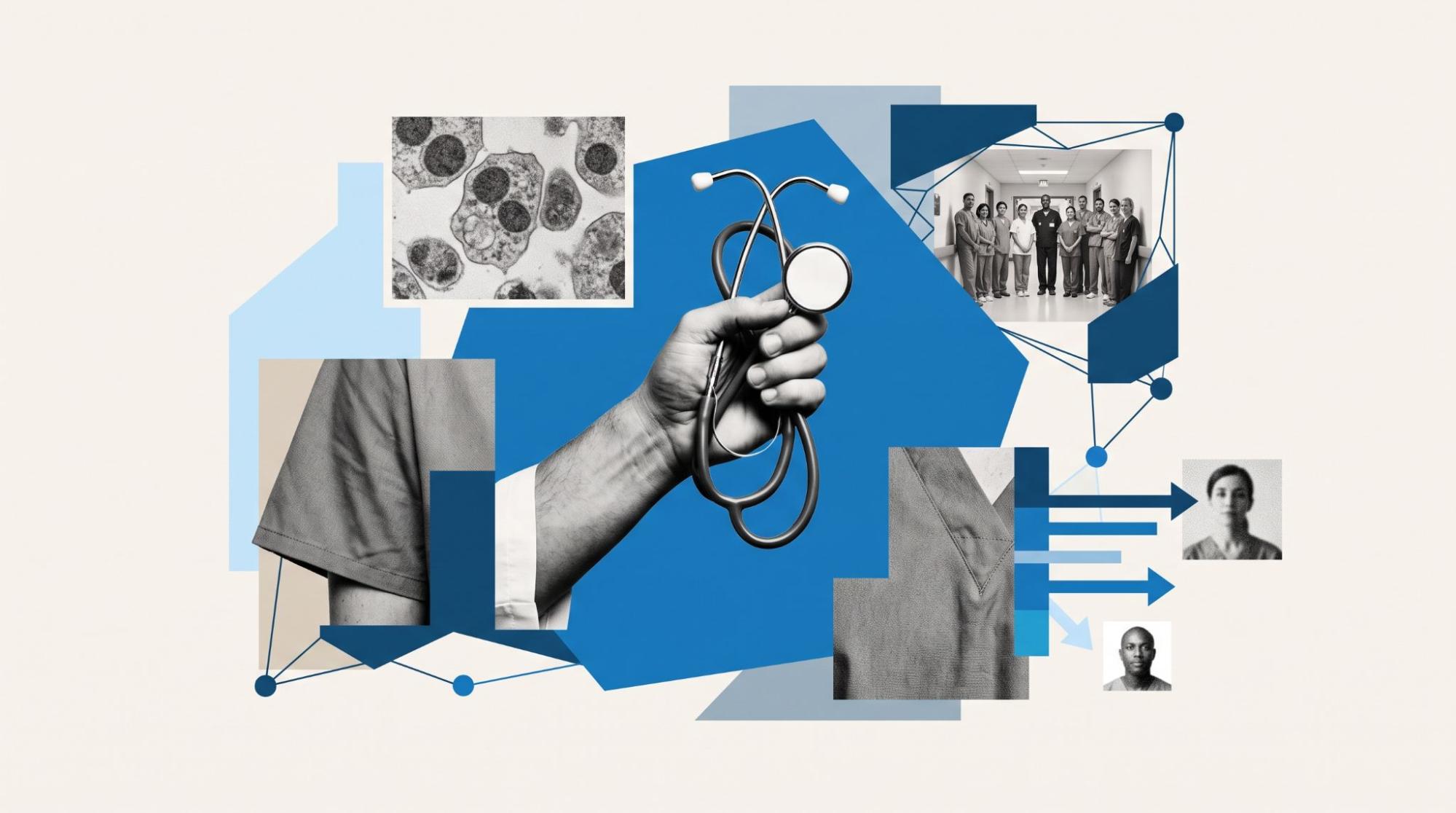 Abstract illustration of healthcare lead generation with clinical imagery, patient trust signals, and connected intake workflows