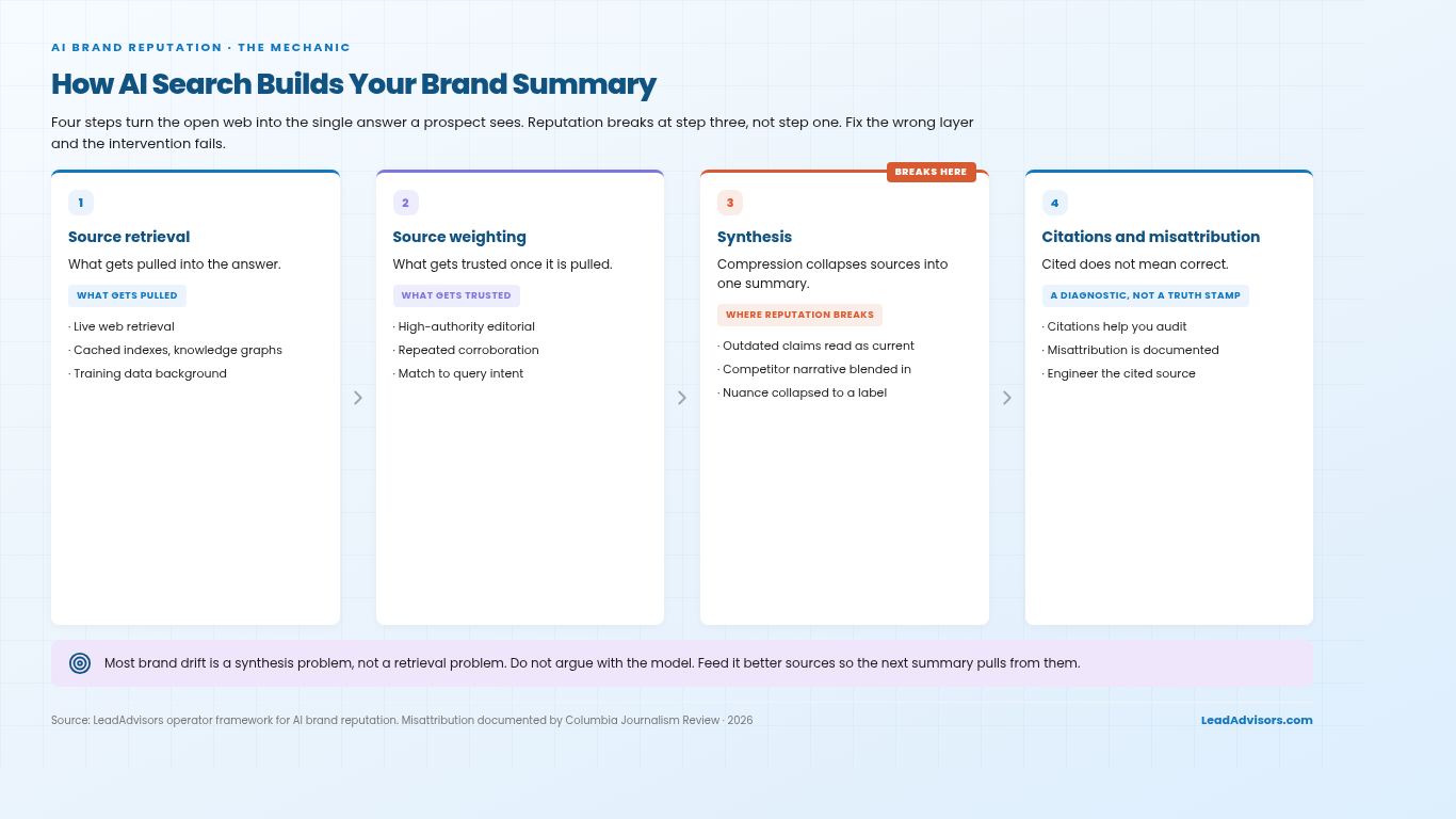 Four-step model showing how AI search builds a brand summary: retrieval, weighting, synthesis, and citations