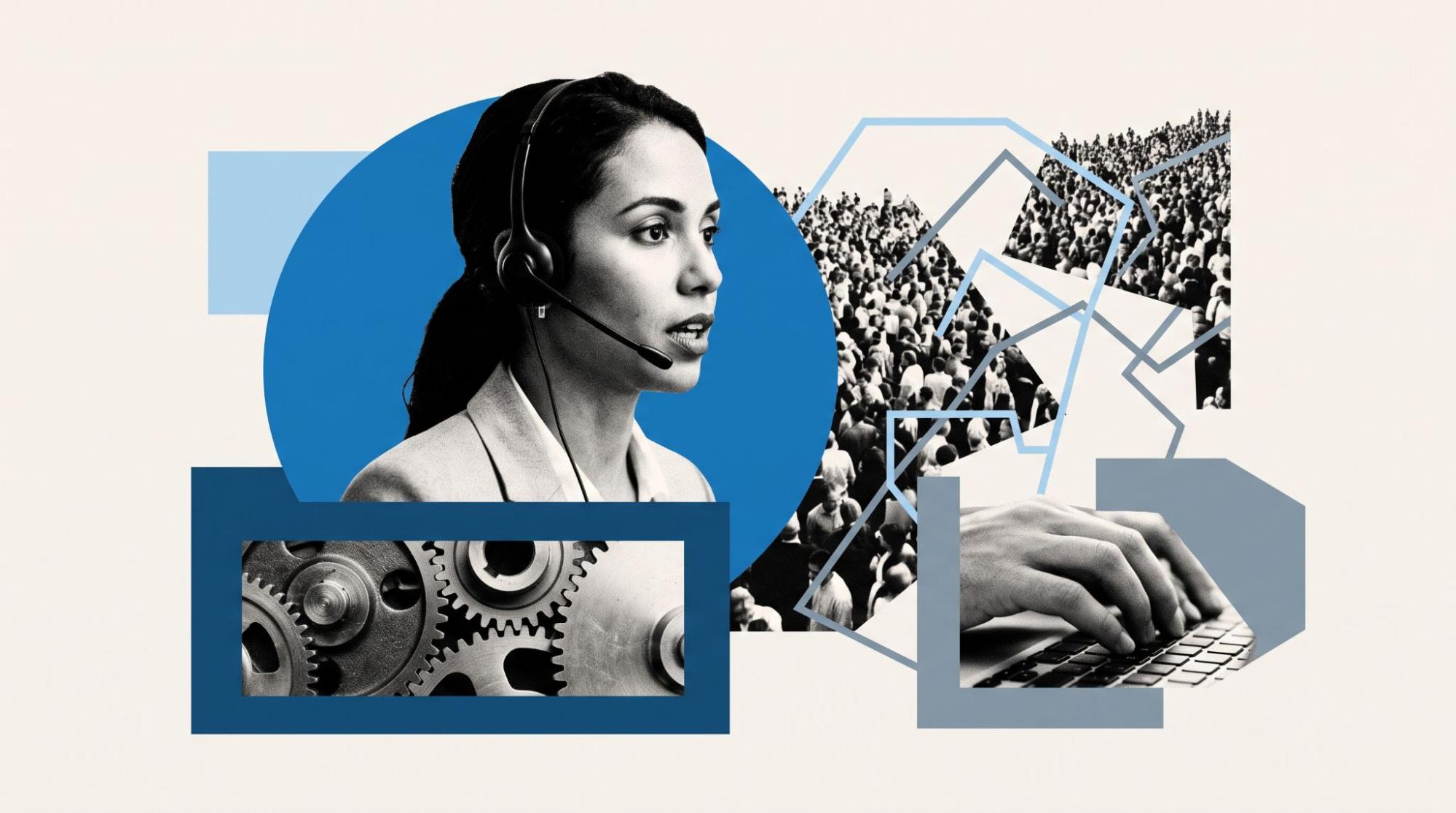 Call center agent on headset with gears and crowd imagery representing performance systems, scale, and operational constraints