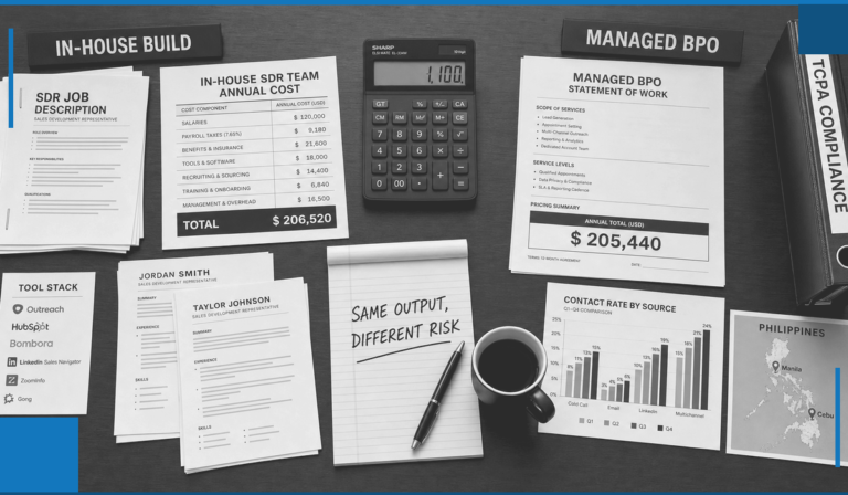 Cost comparison graphic showing fully loaded in-house SDR team cost versus a managed BPO program cost for lead generation outsourcing. Highlights similar annual cost with different risk profile and compliance overhead.