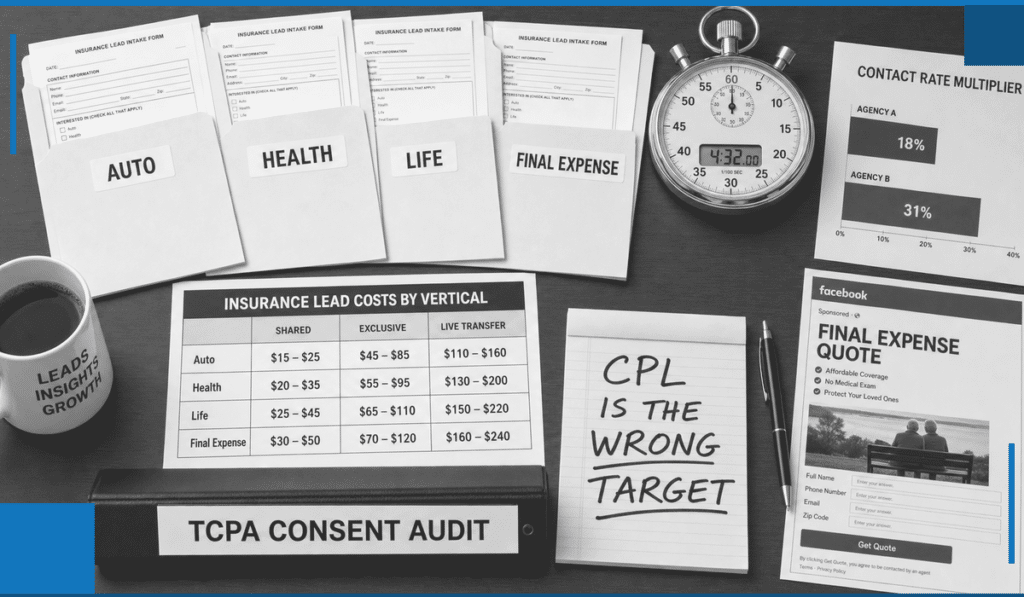Photo-style graphic showing insurance lead intake forms by vertical (auto, health, life, final expense), a CPL cost table, and a “TCPA consent audit” callout. Emphasizes lead cost differences by vertical and the importance of compliance documentation.