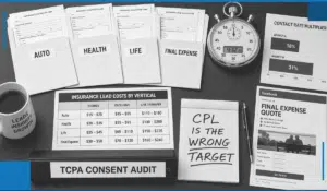 Photo-style graphic showing insurance lead intake forms by vertical (auto, health, life, final expense), a CPL cost table, and a “TCPA consent audit” callout. Emphasizes lead cost differences by vertical and the importance of compliance documentation.