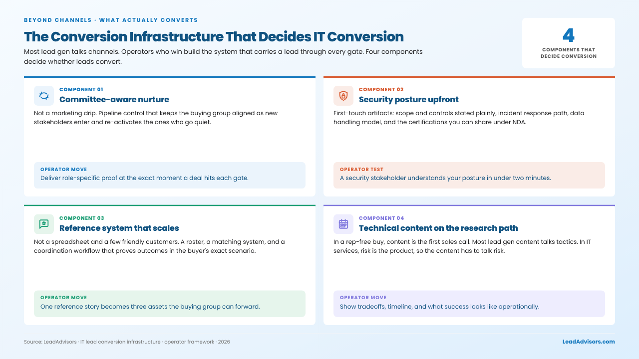 Four components that decide IT lead conversion: committee nurture, security posture, reference system, and technical content