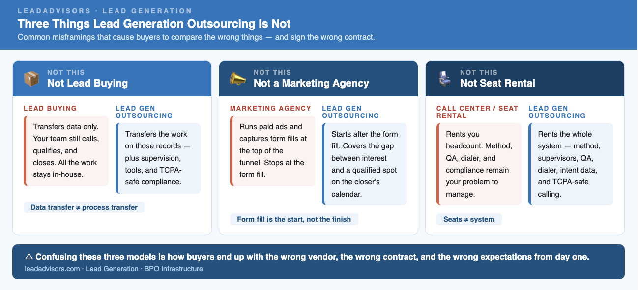 Infographic explaining what lead generation outsourcing is not: not lead buying, not a marketing agency, and not call center seat rental. It clarifies that outsourcing transfers the full qualification system—people, process, tools, and TCPA-safe compliance.