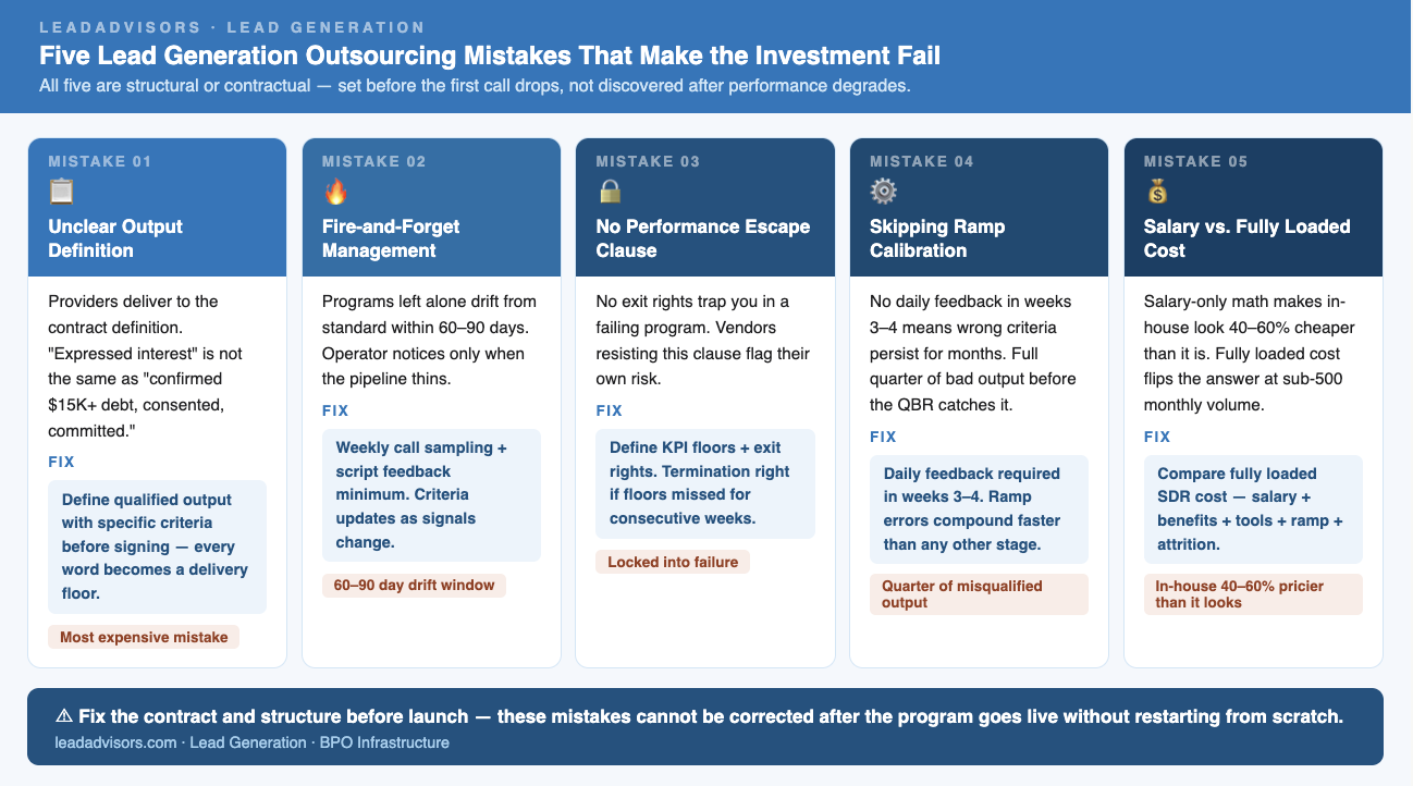Infographic outlining five lead generation outsourcing mistakes that cause programs to fail, including unclear output definitions, fire-and-forget management, and skipping ramp calibration. Includes fixes like KPI floors, feedback loops, and fully loaded cost comparisons.