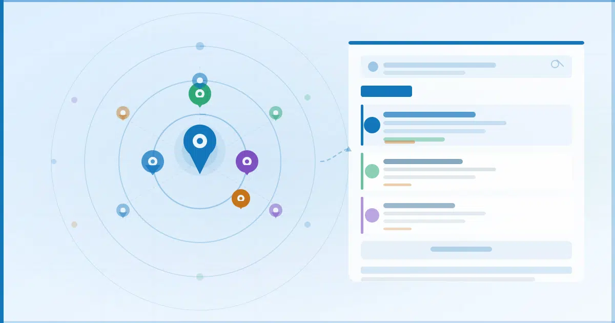 Illustration of how distance and location context influence local search visibility, with map pins and search results shown side by side. Visual supports how local seo services account for proximity effects in Google’s local pack results.