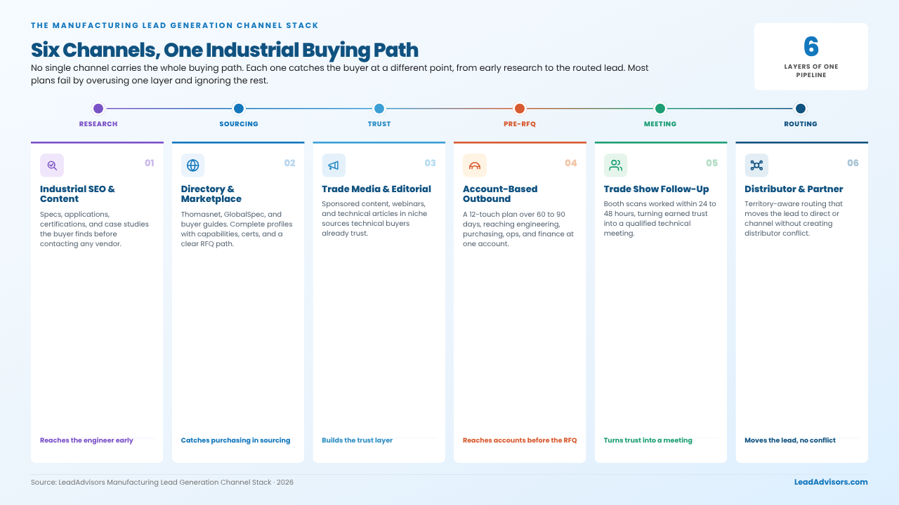 Manufacturing lead gen channel stack showing six channels from research to routing across one industrial buying path