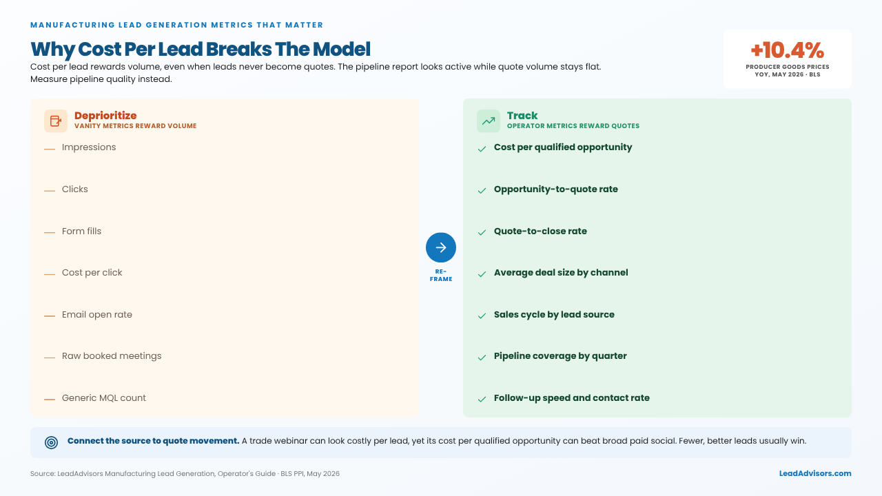 Manufacturing lead gen metrics: deprioritize cost per lead and track cost per qualified opportunity, quotes, close rate, and cycle time