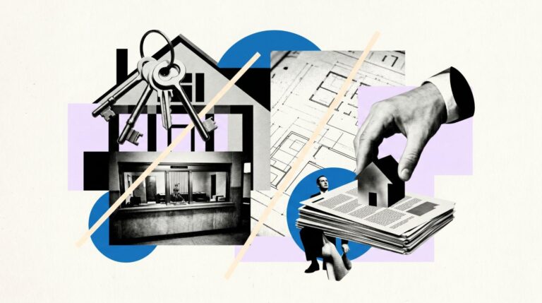 Abstract mortgage lead generation collage with a house, keys, and paperwork, representing modern mortgage marketing and conversion infrastructure. Visual supports the theme that 2026 pipeline growth depends on speed-to-lead, follow-up systems, and trust signals.