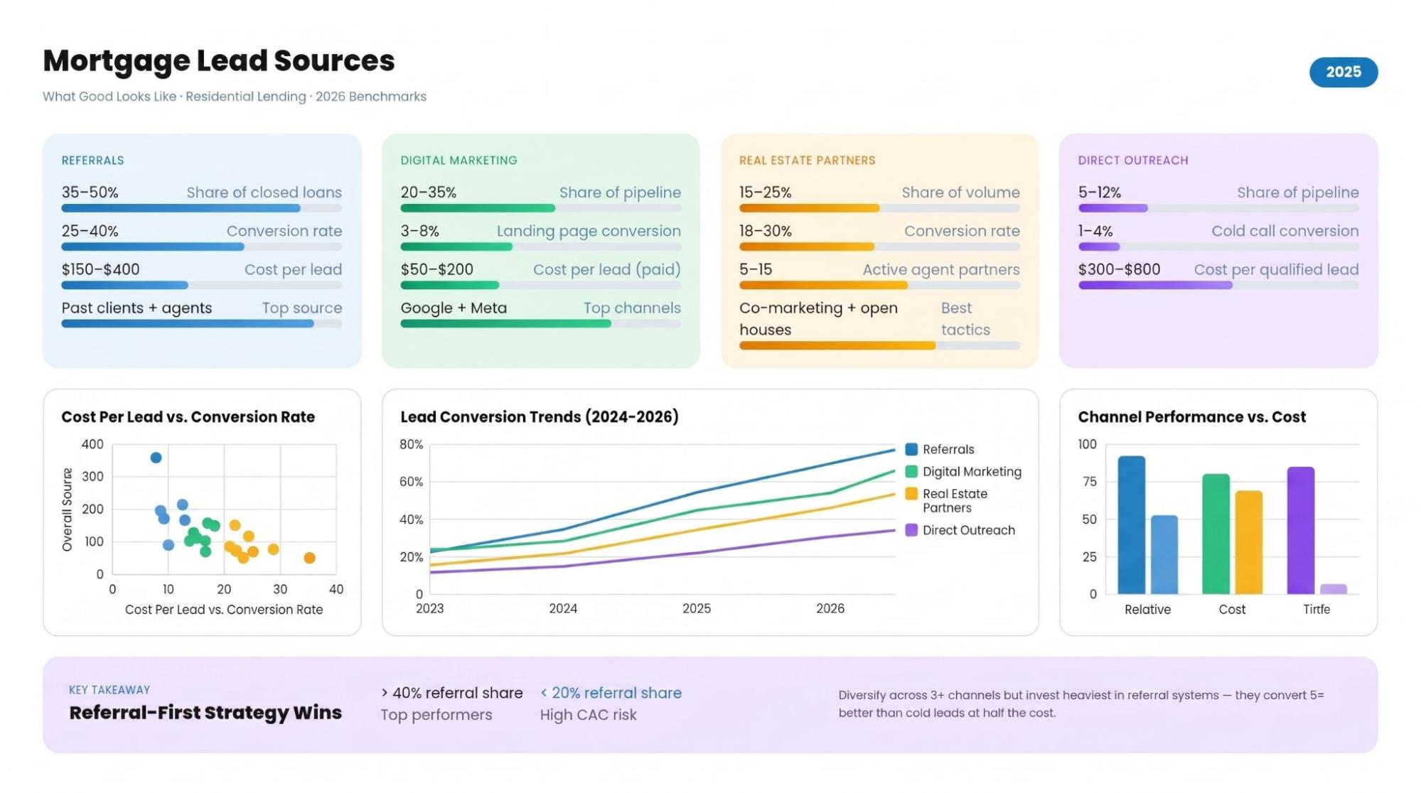 Mortgage lead sources overview comparing referrals, digital marketing, real estate partners, and direct outreach, including conversion rates, cost per lead, and share of pipeline. Highlights a diversified, referral-first mix to improve unit economics in 2026.