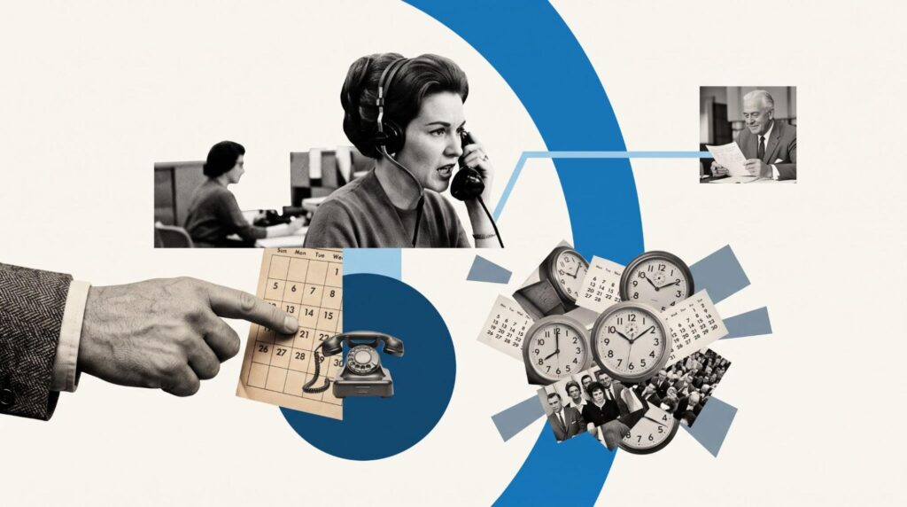 Illustration of outsourced appointment setting with calls, calendar booking, and follow-up timing across a sales workflow