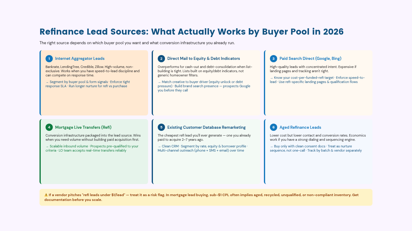 Chart summarizing refinance lead sources that work in 2026 by buyer pool, including internet aggregator leads, direct mail, paid search, mortgage live transfers, customer database remarketing, and aged refinance leads.