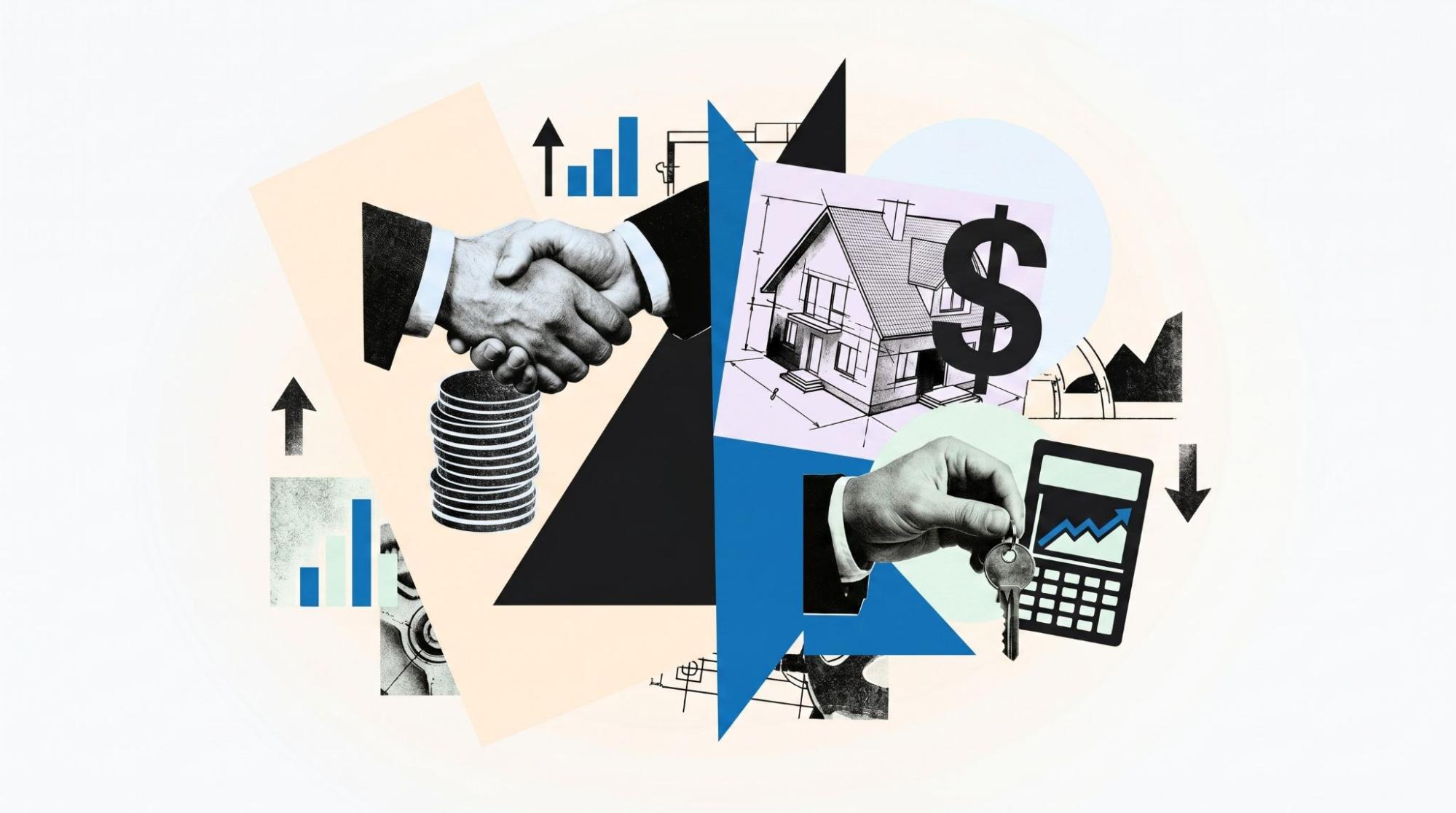 Illustration of refinancing and mortgage finance, showing a handshake, home icon, dollar sign, and calculator representing how refinance leads in 2026 require stronger conversion infrastructure to reach funded loans.