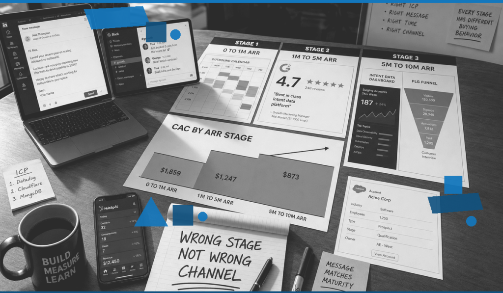 Infographic illustrating SaaS lead generation by ARR stage, emphasizing that high CAC often comes from funding the right channel at the wrong stage. Visual reinforces the blog’s stage-based channel selection framework from $0–$10M ARR.