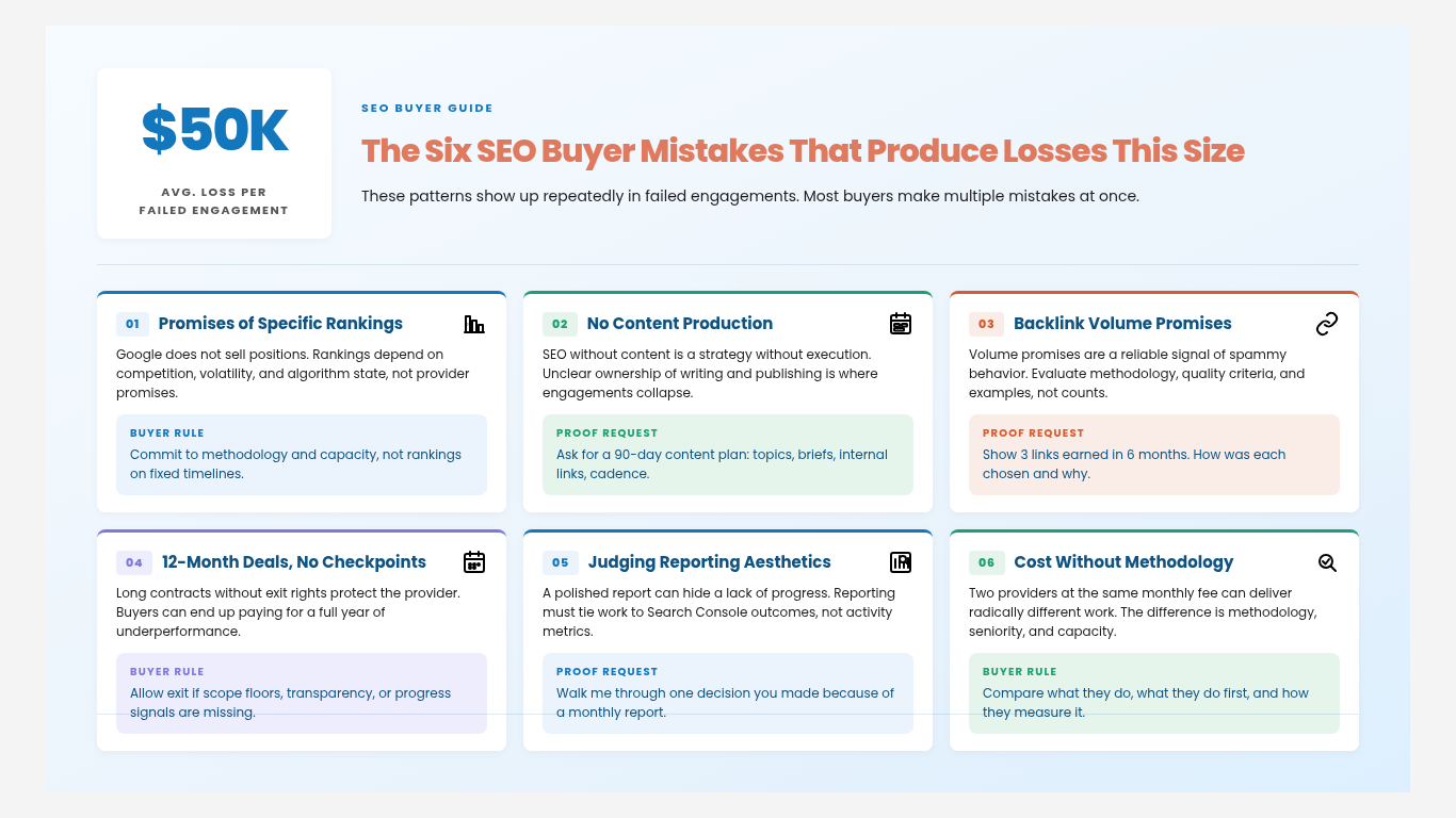 Six SEO buyer mistakes that lead to $50K losses, including ranking promises, no content, and backlink volume