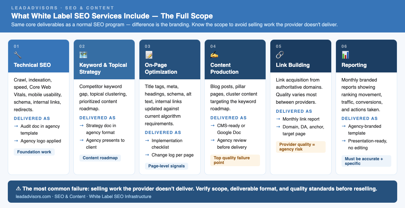 Six-column breakdown of what white label SEO services include — technical SEO, keyword and topical strategy, on-page optimization, content production, link building, and reporting — with delivery format and risk notes for each component.
