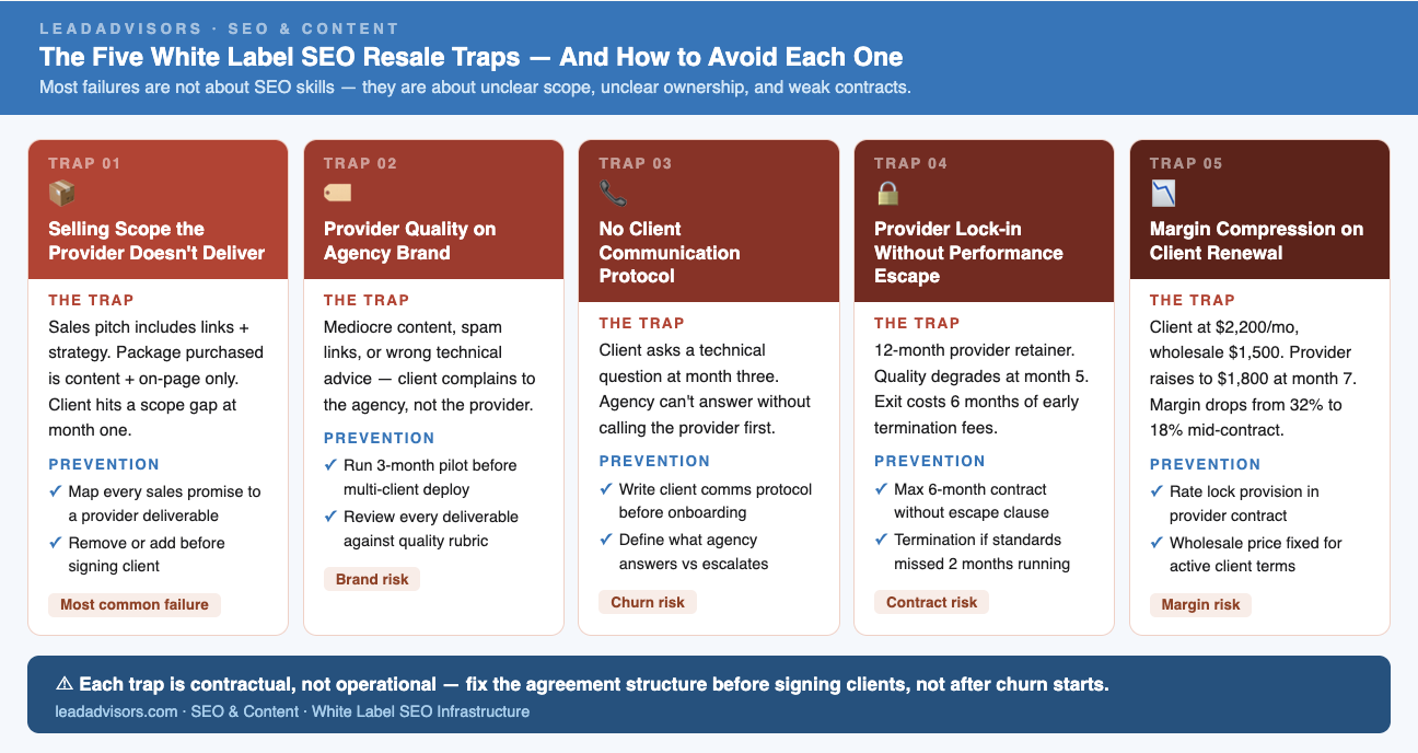 Infographic outlining the five most common white label SEO resale traps — scope mismatch, provider quality, communication gaps, lock-in contracts, and margin compression — with a prevention checklist for each.