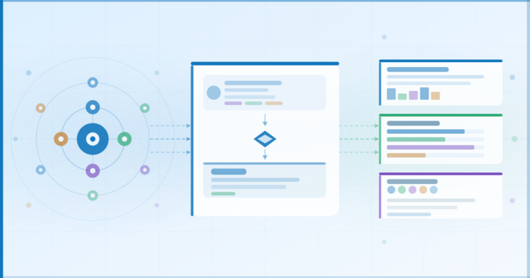 Conceptual illustration of how white label SEO services flow from a central strategy hub through agency-branded deliverables to client-facing reports, audits, and content outputs.