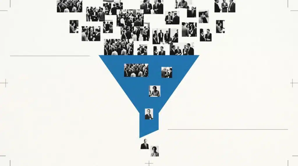 Abstract illustration of a funnel filled with people, representing B2B demand flow from awareness to closed customers