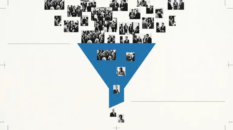 Abstract illustration of a funnel filled with people, representing B2B demand flow from awareness to closed customers