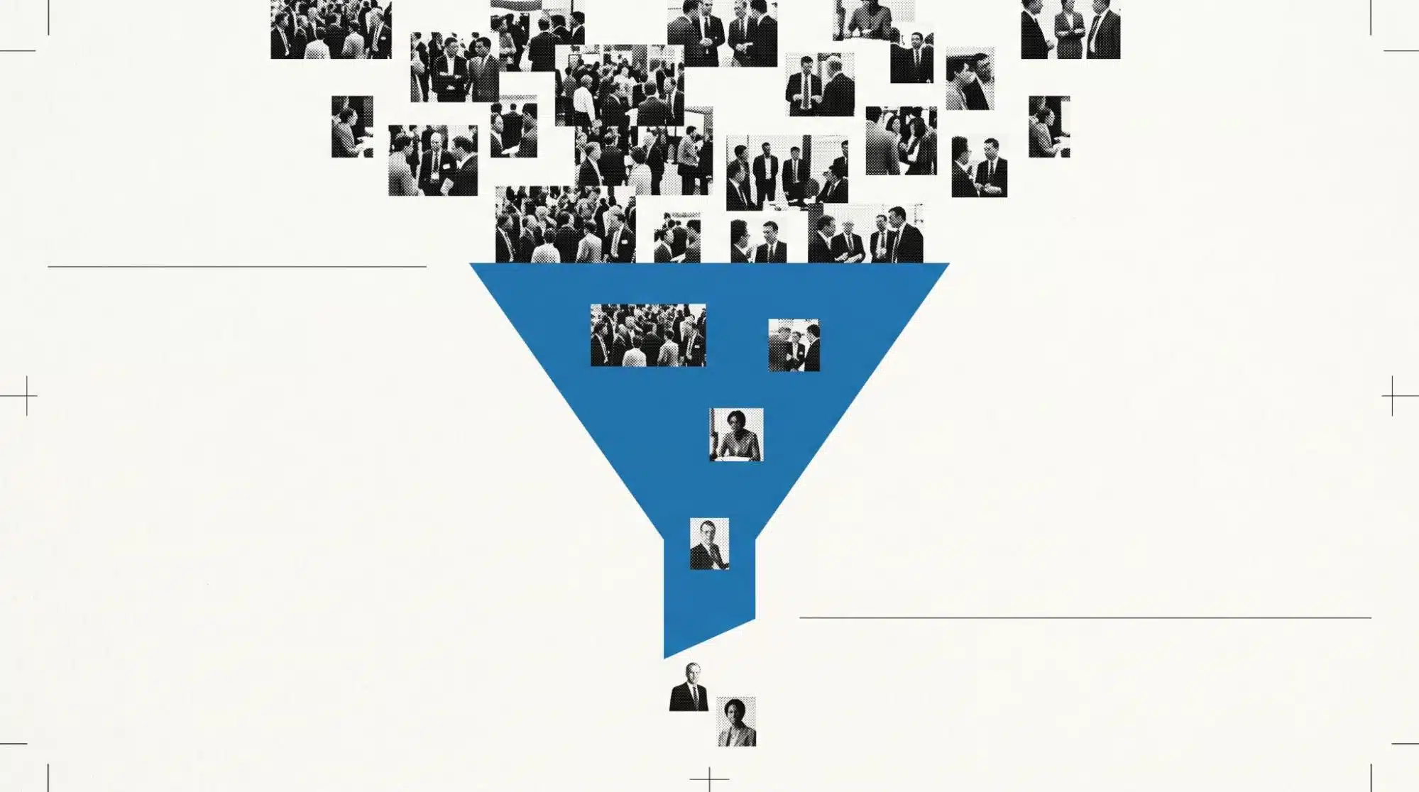 Abstract illustration of a funnel filled with people, representing B2B demand flow from awareness to closed customers
