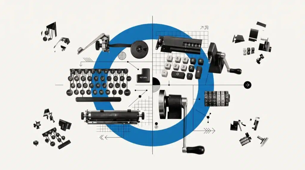 Abstract illustration of back office operations tools and processing, representing outsourced admin workflows and systems
