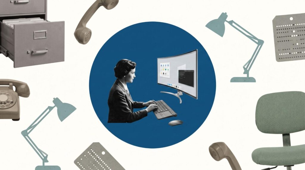 Abstract illustration of a person running operations on a computer, representing BPO services, workflows, and managed execution