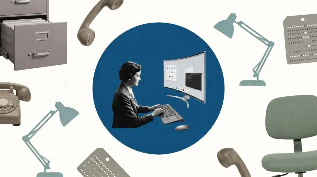 Abstract illustration of a person running operations on a computer, representing BPO services, workflows, and managed execution