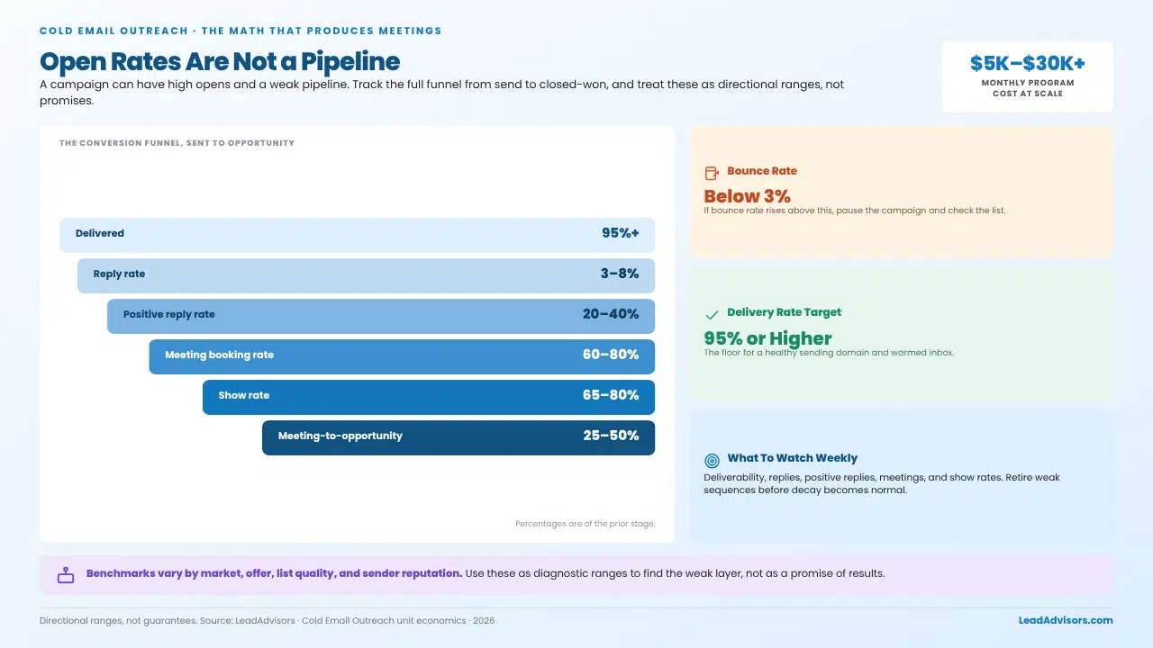 Cold email funnel benchmarks showing reply rate, positive replies, meeting booking, show rate, and meeting-to-opportunity conversion